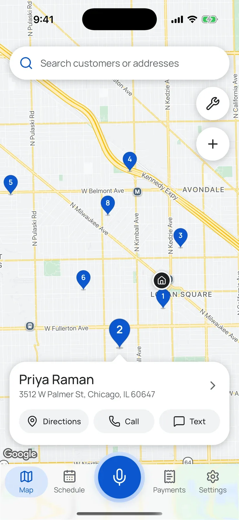 The SoloPro Network phone app’s map with today’s stops as numbered blue pins and Priya Raman’s pin tapped: a card at the foot of the map, pointing up at her pin, with her name, her address, and Directions, Call and Text.