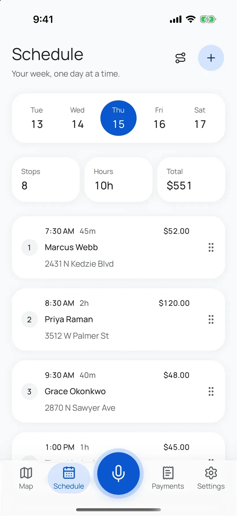 The SoloPro Network phone app's Schedule: the day's eight stops over ten hours, worth $551, each one showing the time, the customer and the address.