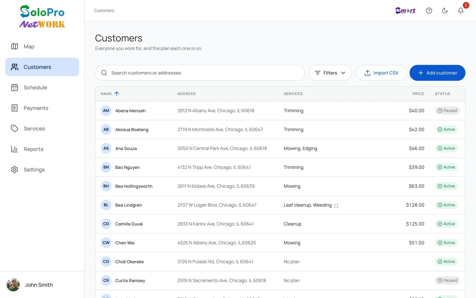 The SoloPro Network web dashboard's Customers page: every customer in one table with their address, services, price and status.