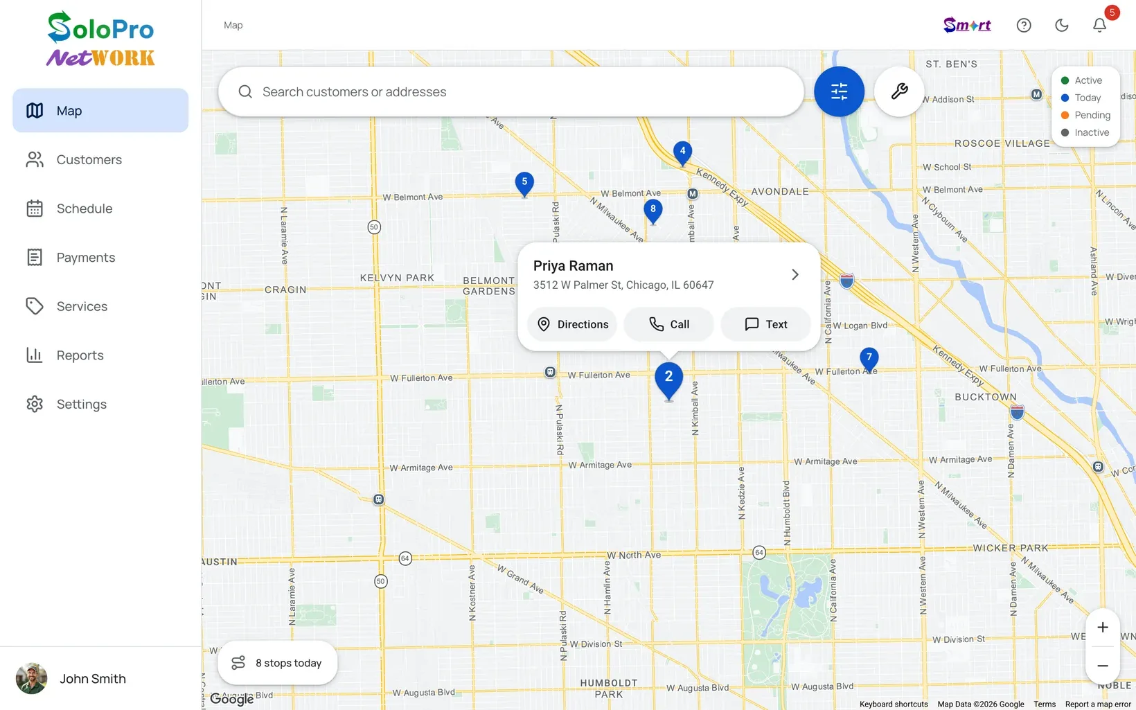 The SoloPro Network web dashboard’s map of Chicago’s northwest side with today’s eight stops as numbered blue pins, and Priya Raman’s pin selected: her name, her address, and Directions, Call and Text.