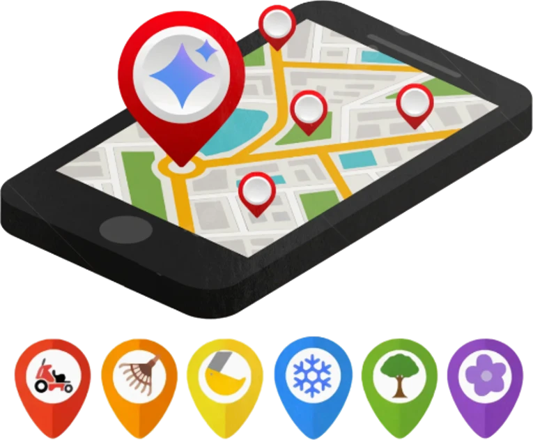 The SoloPro Network artwork: a phone showing a map with customer pins, over the six service pins.