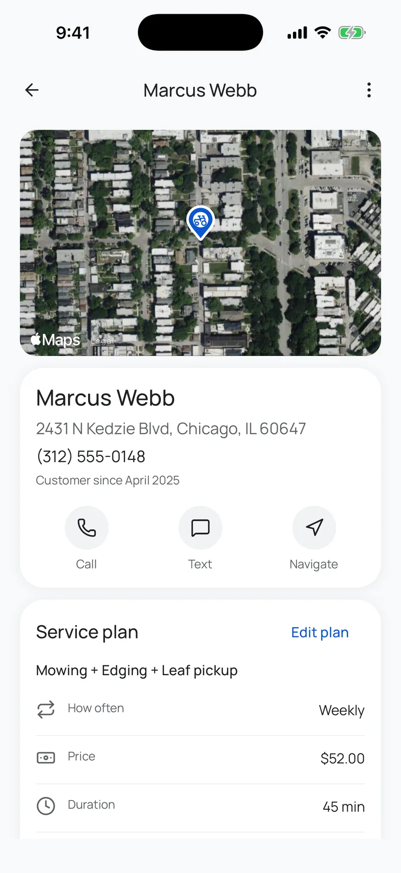 A customer’s page in the SoloPro Network phone app: a satellite view of Marcus Webb’s house, his address and phone number, Call, Text and Navigate, and his weekly mowing, edging and leaf pickup plan at $52.00.