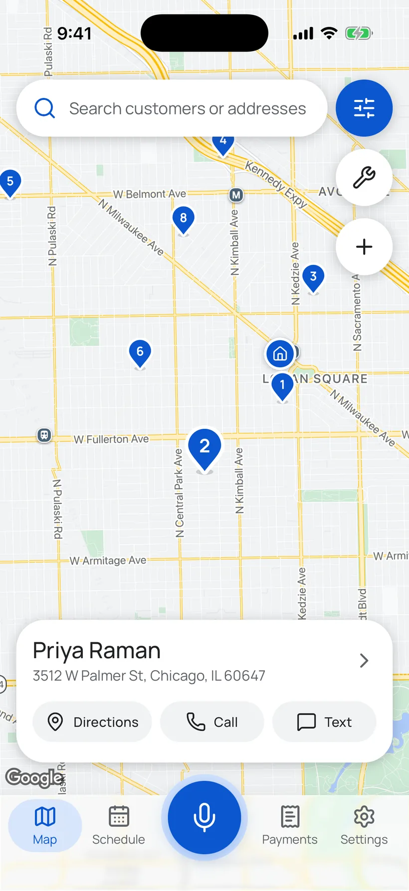 The SoloPro Network phone app’s map with today’s stops as numbered blue pins and Priya Raman’s pin tapped: a card at the foot of the map with her name, her address, and Directions, Call and Text.